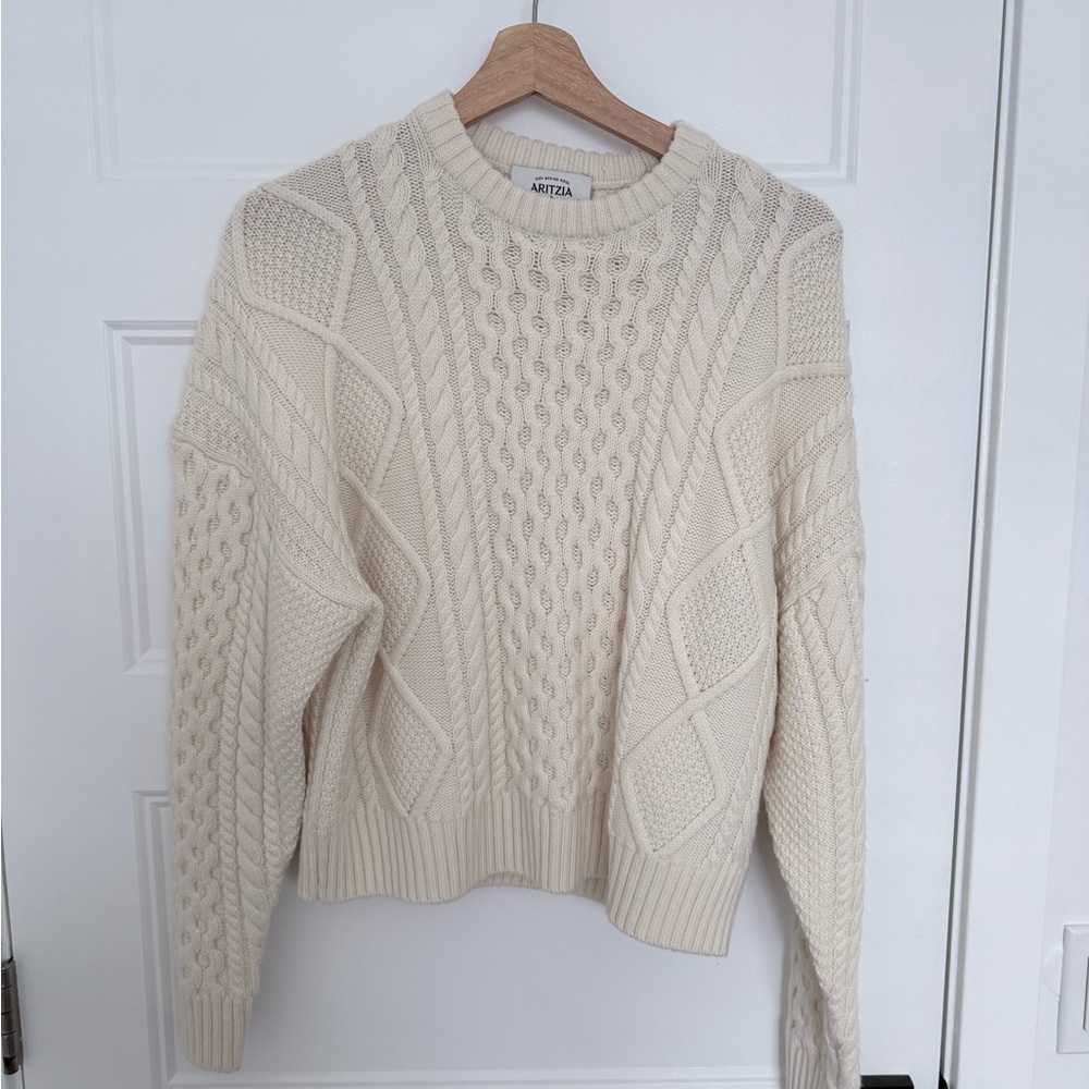 Aritzia Cream Cable-Panel Crewneck Sweater